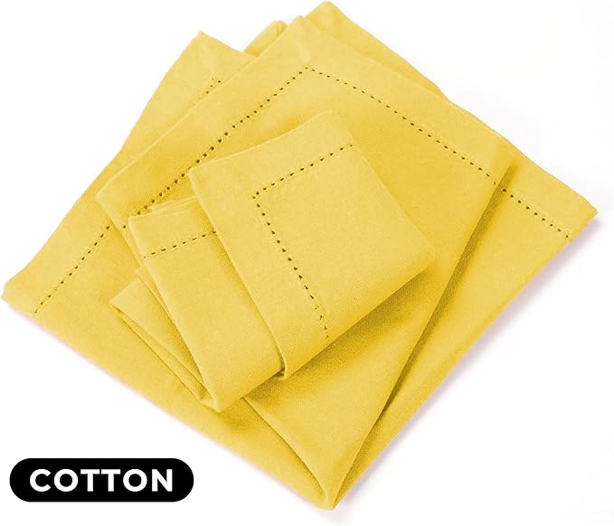 Bedding Craft Cotton Dinner Napkins Set of 12 – 18x18 Sand Yellow with Hemstitched Mitered Corners – Machine Washable Fabric Napkins for Thanksgiving, Weddings & Cocktails
