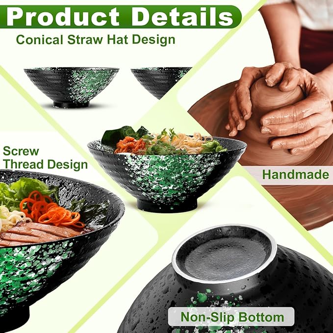 8-Inch Large Ceramic Ramen Bowl Set of 2 (9 Piece) - Microwave & Dishwasher Safe Porcelain Japanese Salad Noodles Cereal Fruit Pasta Soup Bowls with Recipes Chopsticks Forks Spoons for Men Women Gift