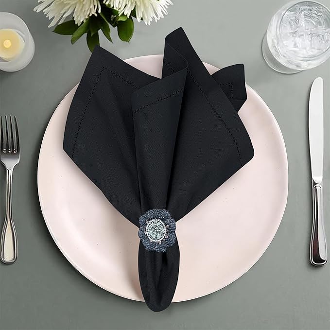 Ruvanti Premium Linen Napkins Set of 6-20x20 Inch, Classic Hemstitch, Mitered Corner Cloth Napkins ‎‎- Soft, Elegant Dinner Napkins Cloth Washable for Weddings, Parties, Everyday Use - Black