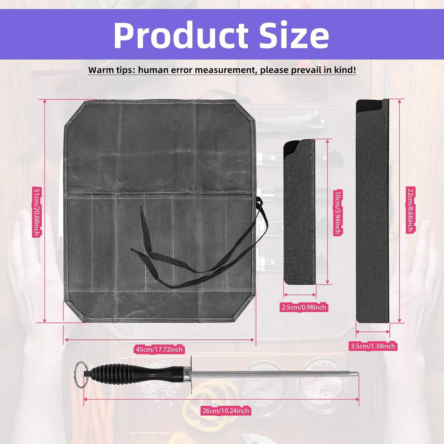 Gray Chef Knife Bag Case with 2 Knife Guards And Sharpener,Portable Knives Pouch Knife Storage Case Knife Carrier for Camping And Kitchen Organization