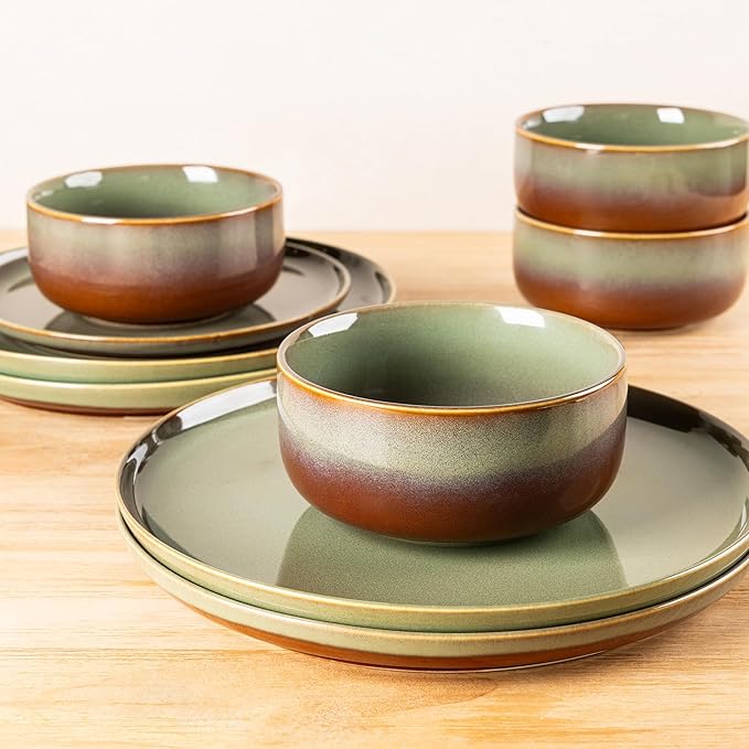 TheTerra Ceramic Dinnerware Sets, Handmade Reactive Glaze Plates and Bowls Set, Scratch Resistant Dish Set, Oven & Microwave & Dishwasher Safe, Service for 6, Brown Green
