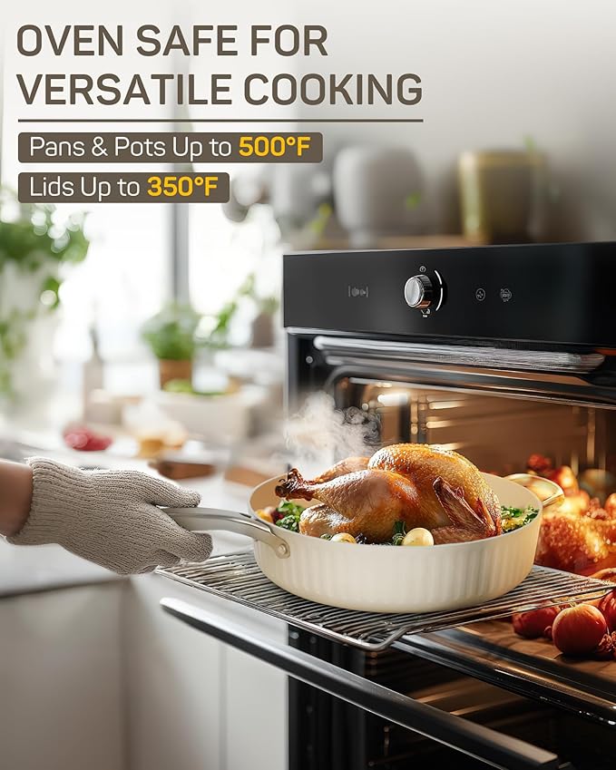 10Pcs Nonstick Cookware Set, Ciwete Tri-Ply Ceramics Cookware Set, Kitchen Pots and Pans with Stay Cool Ergonomic Handle, Dishwasher Safe, Oven Safe, Gift, Compatible with All Stovetop, White