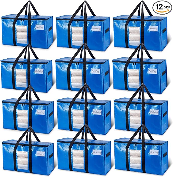 TAILI Extra Large Moving Bags, 12 Pack Blue Heavy Duty Totes for Storage with Visible Window, Wrap Around Handles, Storage Bags for Space Saving, Alternative to Moving Boxes