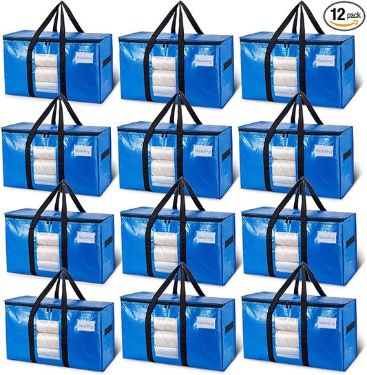 TAILI Extra Large Moving Bags, 12 Pack Blue Heavy Duty Totes for Storage with Visible Window, Wrap Around Handles, Storage Bags for Space Saving, Alternative to Moving Boxes