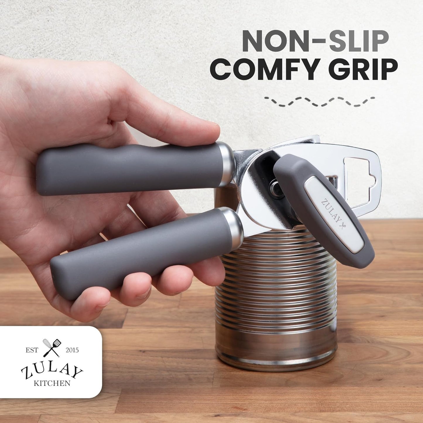 Zulay Kitchen Heavy Duty Stainless Steel Can Opener Manual with Bottle Opener - Rust Proof Manual Can Opener With Turn Knob & Soft Grip Handles