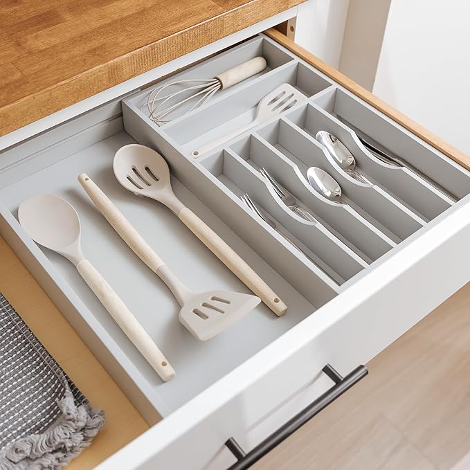 KitchenEdge Premium Silverware, Flatware and Utensil Organizer for Kitchen Drawers, Food-Safe Contract Grade, Expandable from 10.5 to 19 In, Gray Bamboo
