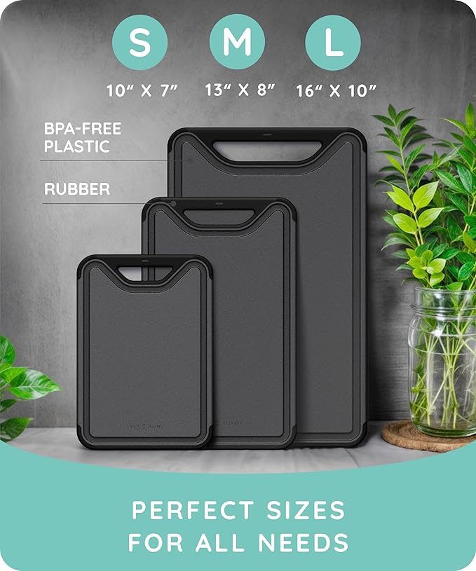 Cutting Boards for Kitchen, Plastic Cutting Board Set of 3, Dishwasher Safe Cutting Boards with Juice Grooves for Meat, Veggies, Fruits, Easy Grip Handle, Non-Slip (Black/Gray)