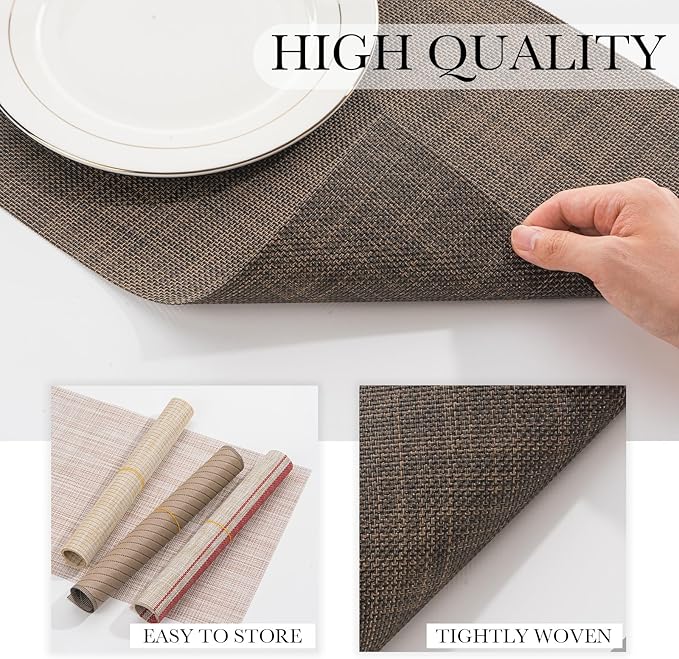 BACKTOEDEN Placemats Set of 6 Heat Resistant Washable Wipeable Placemat Woven Non-Slip Foldable Vinyl/Plastic Place Mats Indoor/Outdoor Mat Kitchen Dining Table Pad, Dark Brown