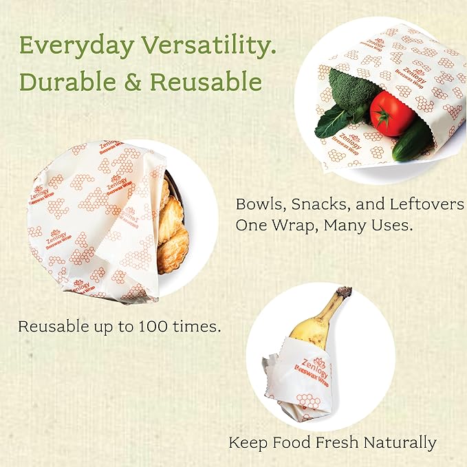 Zenlogy Reusable Beeswax Food Storage Wrap, Eco Friendly Alternative, Sustainable Organic Cut to Size Cotton Beeswax Wraps, 1 Roll, 13in x 55in (33cm x 140cm)
