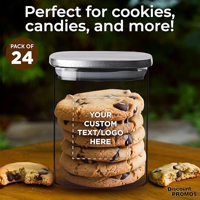 DISCOUNT PROMOS Custom Branson 30 oz. Square Storage Jars Set of 24, Personalized Bulk Pack - Durable Kitchen Organization, Home Decor Essentials, Food Storage Solutions - Clear