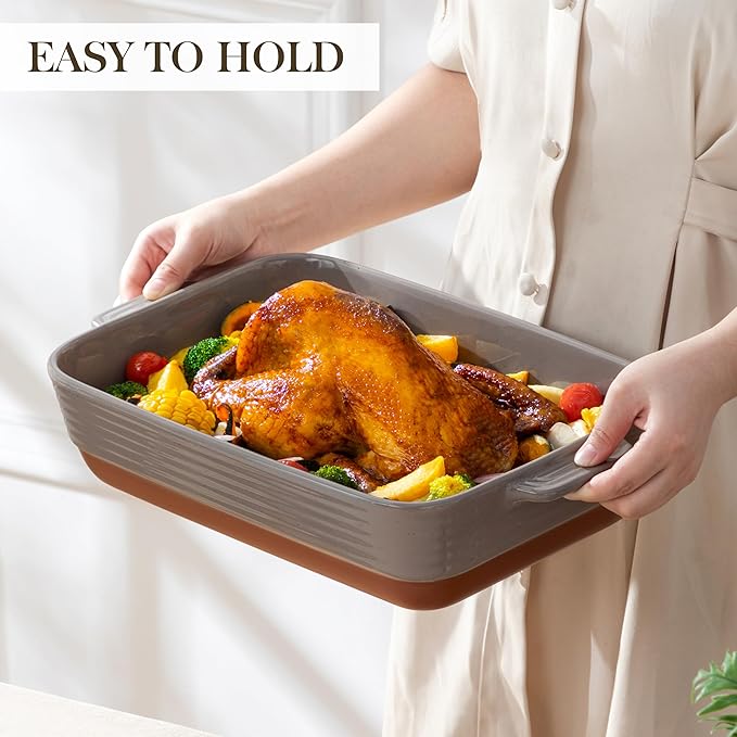 MALACASA 4.8 Qt Lasagne Dishes for Oven, 9 x 13 Inches Brown Ceramic Oven Dish with Handles, Deep Rectangular Baking Dish Casserole Dishes, Lasagna Pan Bakeware for Roasting, Series TARA