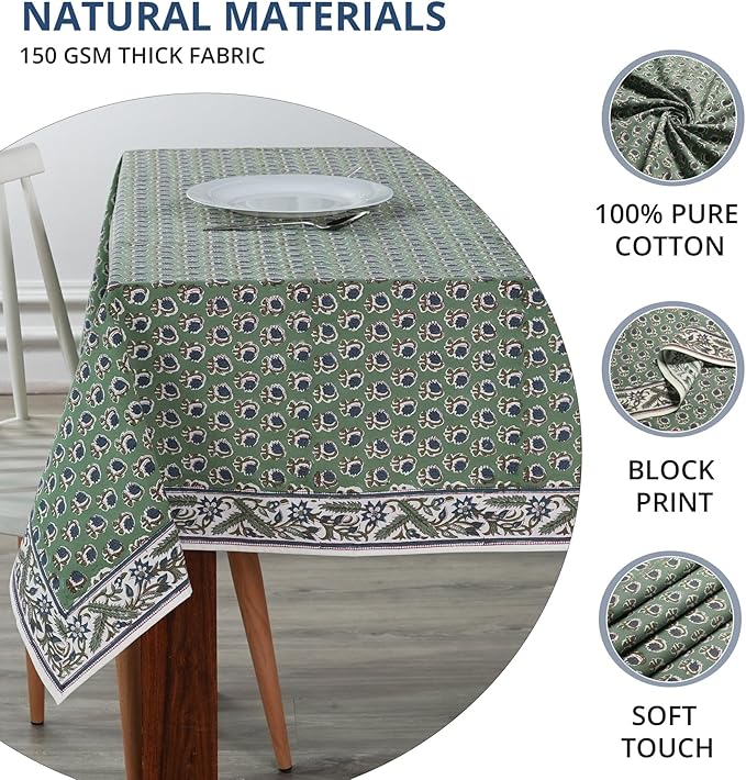 Ridhi Basil Green 70 x 108 Inches Rectangular Cotton Washable Tablecloth, Hand Block Print Floral, for Kitchen, Dining, Spring, Easter, Wedding, Birthday, Bridal