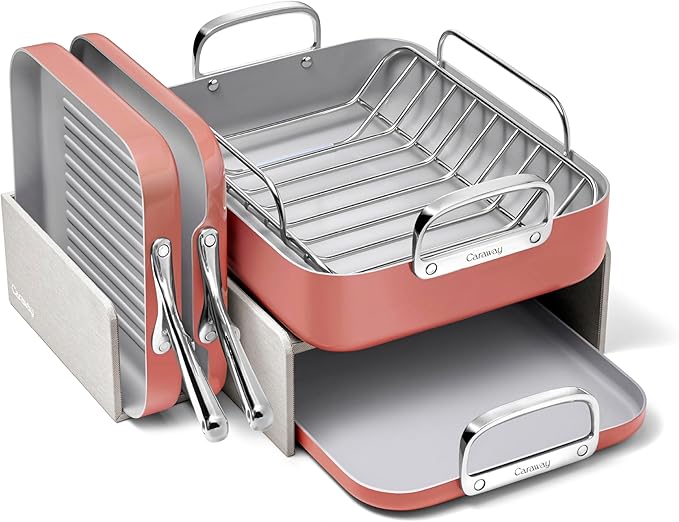 Caraway Square Cookware Set - Square Pans Set - Perfect for Griddling, Toasting, Searing, Roasting, and More - Non-Stick Ceramic Coated Pans - Non Toxic, PTFE & PFOA Free - Perracotta