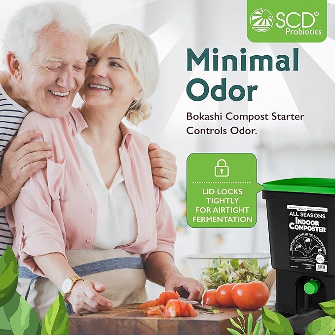 All Seasons Indoor Composter Starter Kit – 4.4 Gallon Black Organko Compost Bin for Kitchen Countertop with Scoop, Cup, Presser & 2 lbs. (1 Gallon) of Bokashi, 77% Recycled Plastic by SCD Probiotics