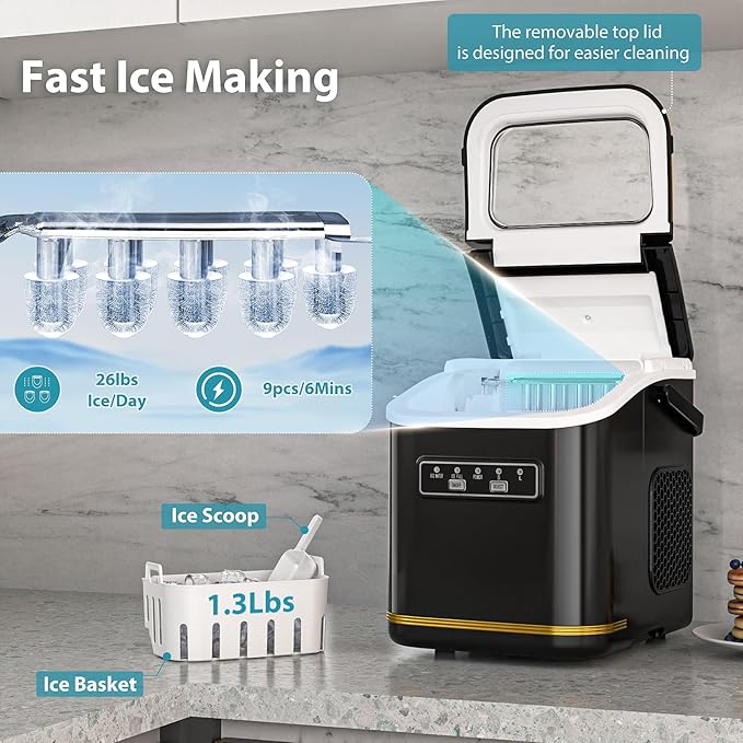 Ice Maker Machine Countertop Portable Compact Small Bullet Ice Maker with Self Cleaning,9 Cubes in 6 Mins,26lbs in 24Hrs, for Home and Kitchen(Black)