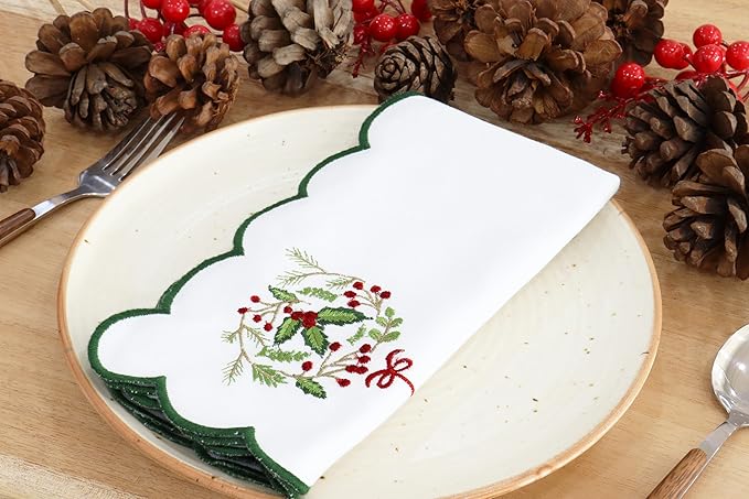 PurpleEssences Scalloped Embroidery Cloth Napkins Christmas Holiday Winter Table Decor 100% Cotton Set of 4-18 x 18 inch - White - Edges - Forest Green - Christmas Wreath