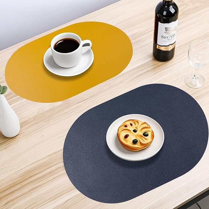 Reversible Placemats Set of 6 Waterproof Oval Faux Leather Placemat Navy Blue and Yellow PU Table Mats Heat Resistant Anti Slip Washable Place Mat for Indoor and Outdoor Dining Table