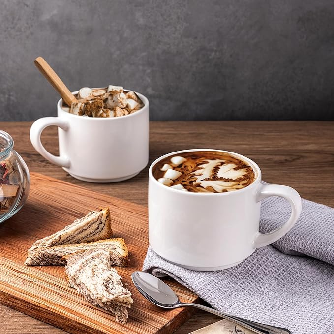 GBHOME 14 OZ Coffee Mugs Set of 6, Stackable Ceramic Mugs for Men, Women, Modern Coffee Mugs With Stable Base for Latte,Tea,Cappuccino. Dishwasher & Microwave Safe, White