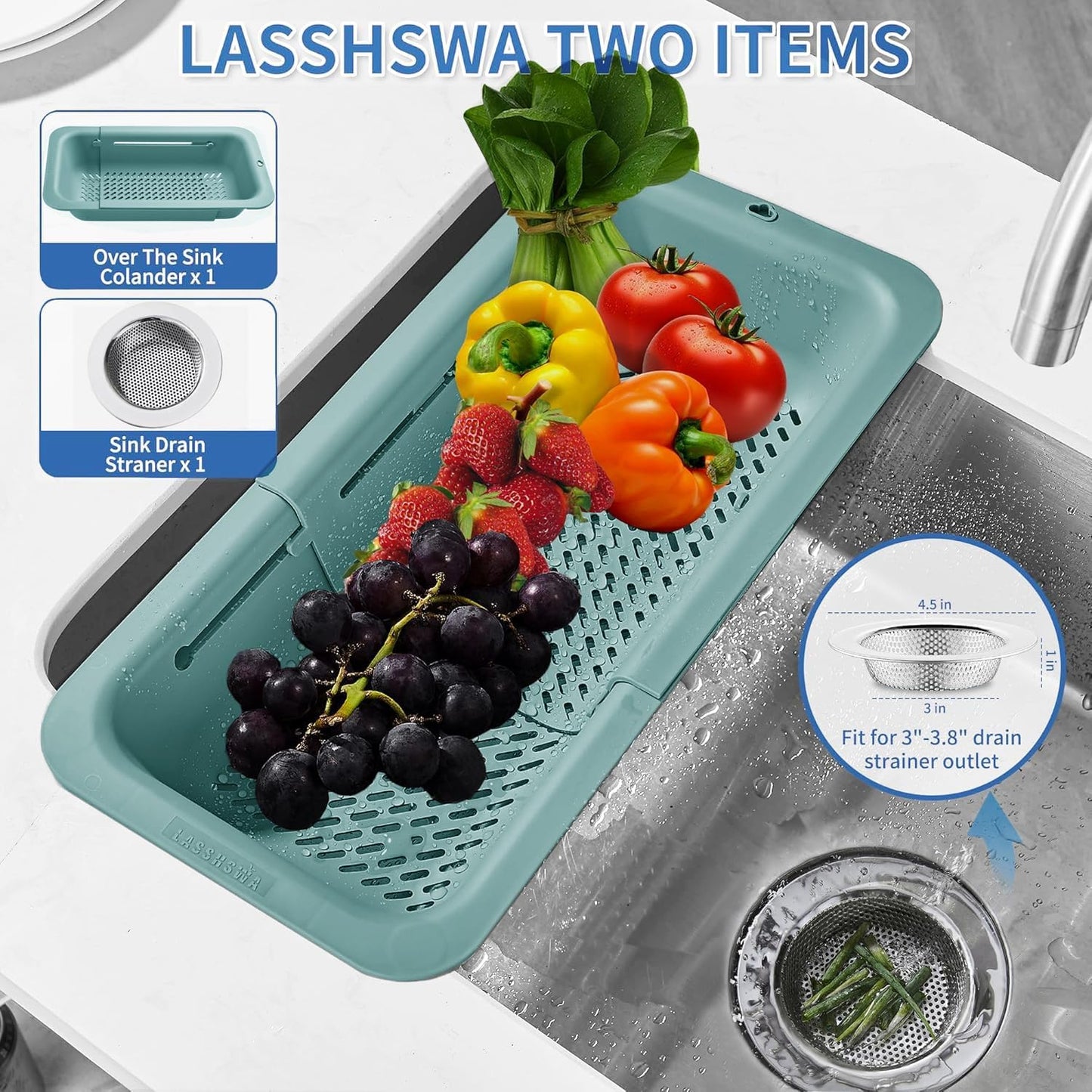 LASSHSWA Collapsible Colander and Strainer for Kitchen, Over the Sink Strainer Basket for Kitchen, Fruit Pasta Food Strainer Expandable Plastic Colander with A Sink Drain Strainer Stainless Steel