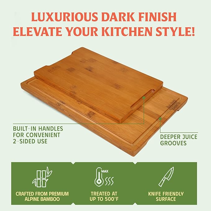 Carbonized Bamboo Cutting Board Set of 3 with Holder – Natural Reversible Kitchen, Charcuterie & Cheese Boards – Holiday Hosting Essentials. (S M L with Holder)