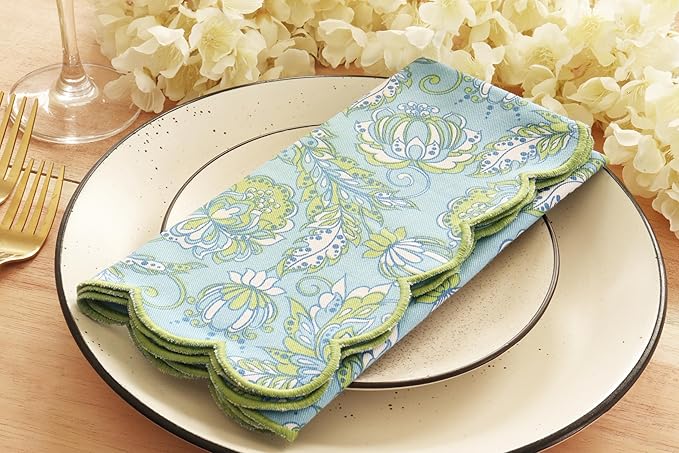 PurpleEssences Scalloped Embroidery Kalamkari Cloth Napkins Christmas Holiday Winter Table Decor 100% Cotton Set of 4-18 x 18 inch - Light Blue Edges - Sage Green