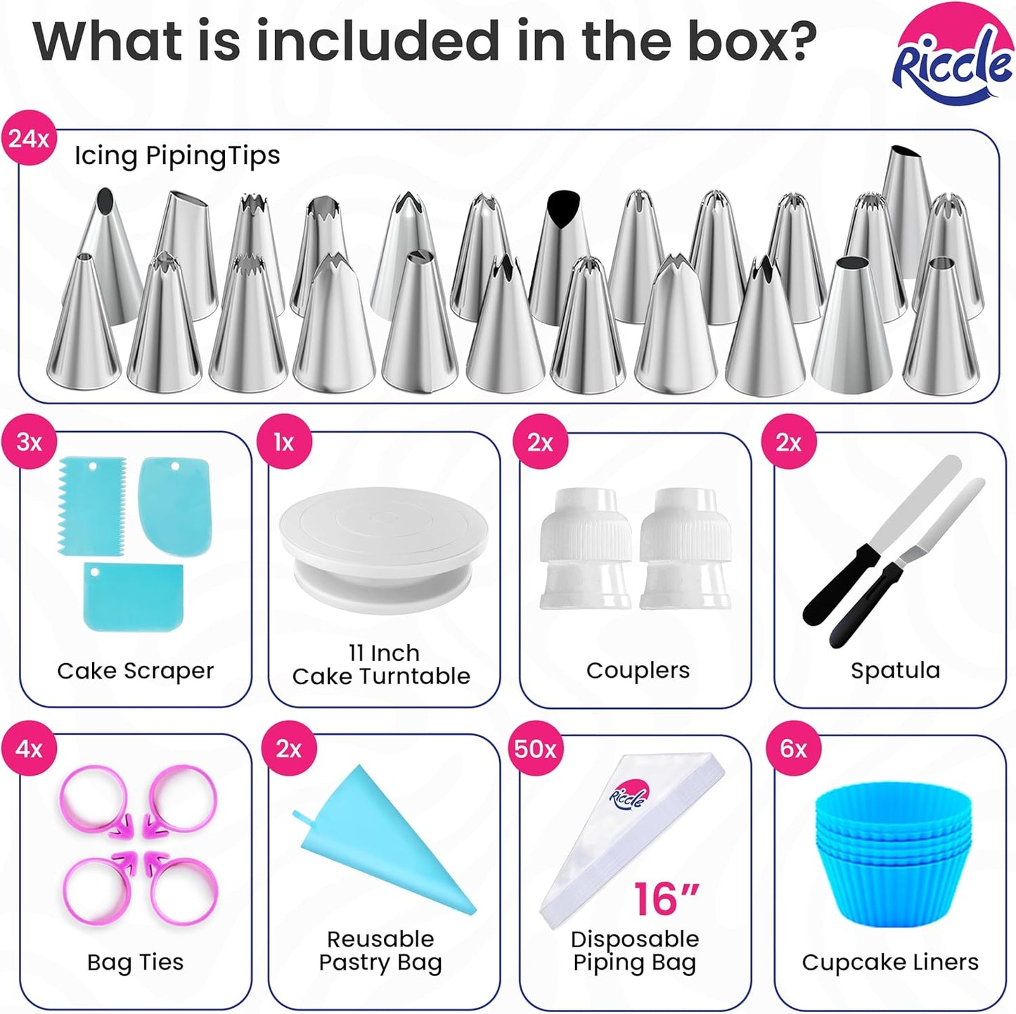 Riccle 94 pcs Cake Decorating Kit with Cake Turntable - Includes 50pcs 16 Inch Disposable + 2 Reusable Piping Bags and Tips Set, 24 Icing Piping Tips, 2 Spatulas, 3 Icing Comb Scraper, 6 Cake Liners