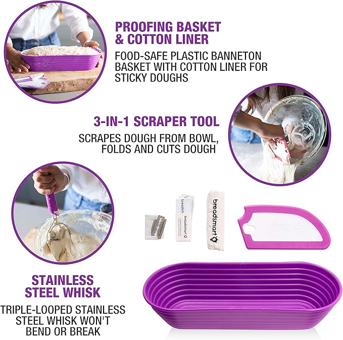 Breadsmart Artisan Bread Making Kit - 5PC Sourdough Bread Baking Supplies Set - Lame, Scraper, Whisk, Banneton Bread Proofing Basket & Cotton Liner