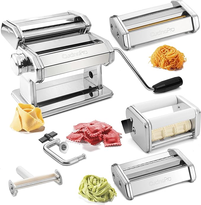 Pasta Maker Deluxe Holiday Set- Stainless Steel Machine w 3 Interchangeable Attachments- Make 5 Different Pastas- Spaghetti Fettuccini Angel Hair Noodle Ravioli Lasagnette- Durable Cutters, Xmas Gift