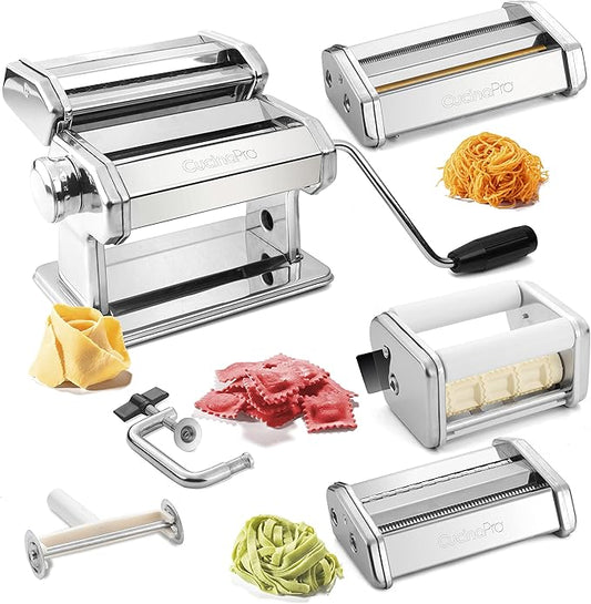 Pasta Maker Deluxe Holiday Set- Stainless Steel Machine w 3 Interchangeable Attachments- Make 5 Different Pastas- Spaghetti Fettuccini Angel Hair Noodle Ravioli Lasagnette- Durable Cutters, Xmas Gift