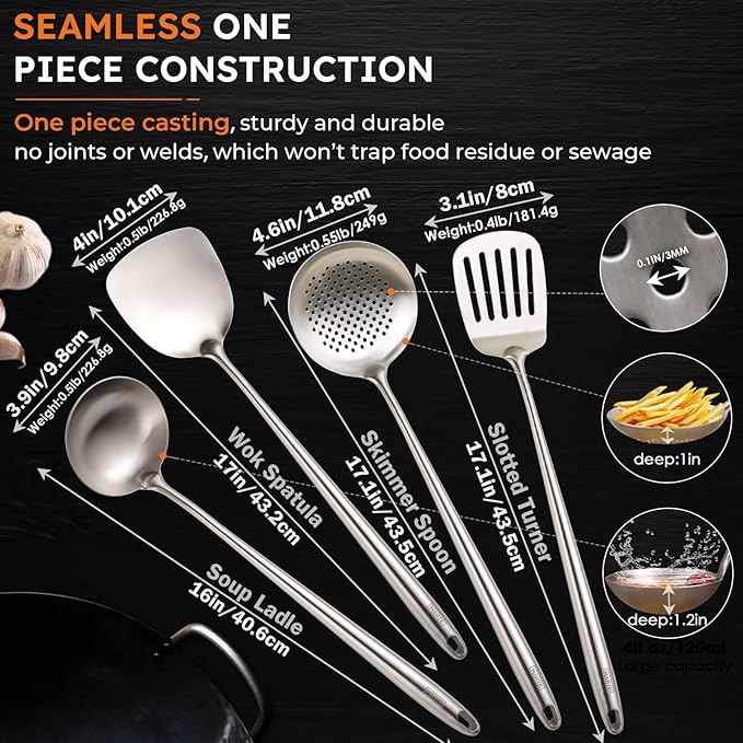 MARTE 17’’ Cooking Utensils Set，304 Stainless Steel Kitchen Spatula Set of 4,Heat Resistant Long Kitchen Utensil for Cooking，Wok Spatula, Soup Ladle, Slotted Spoon,Turner，BPA Free