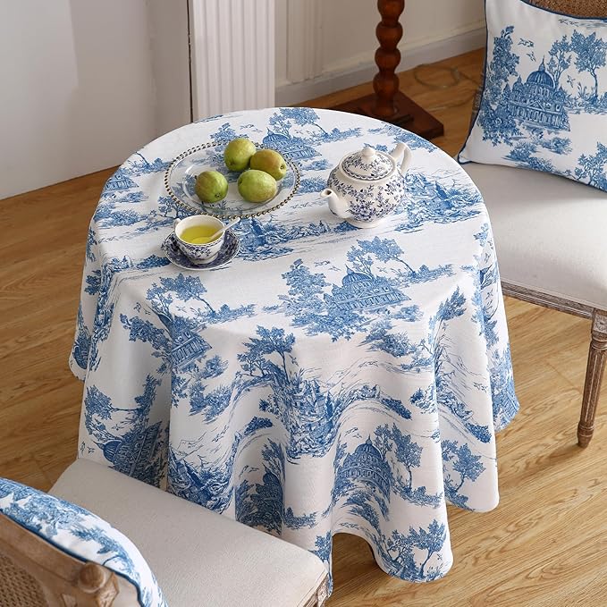 patdrea Designer Cyan Tablecloth for Round Tables,Vintage Linen with Ancient Castle and Manor Pattern Tablecloths,Elegant Table Cover Cloth Decor for Kitchen Dining Christmas,55"*55"