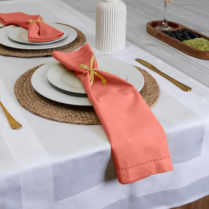 Blue Needles Set of 6 Hemstitch Linen Napkins 100% Cotton Salmon Cloth Dinner Napkins 18x18 inches, Soft, Reusable, Absorbent, Washable, Ideal for Fall Thanksgiving Events, Parties & Everyday Use