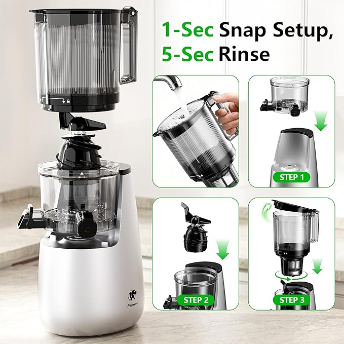 B11 Cold Press Juicer, 6" Extra Wide Feed Chute Slow Masticating Juicer Machine, Powerful AC Brushless Motor, Self Precut System, Easy to Clean, BPA-Free, Extra one Replace juicer strainer