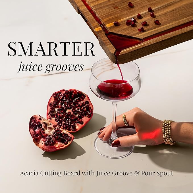 Acacia Wood Cutting Board Set with Holder – 4 Piece Wooden Cutting Board Set with Stand – Reversible Charcuterie Tray with Juice Grooves and Silver Handles – Stylish Kitchen Gift