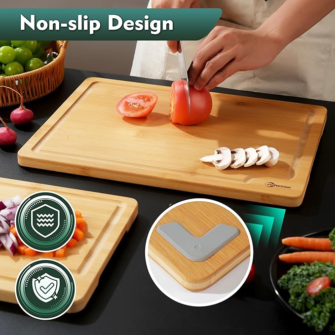 Wood Cutting Board Set Non Slip Feet Over Sink Natural Bamboo Set With Smooth Surface Knife-Friendly and Easy Storage Set of 2 Medium - Small Serving Kitchen Gadgets (Natural)