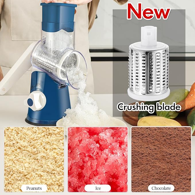 Ourokhome Rotary Cheese Grater Hand Crank, Kitchen Shredder Speed Mandolin Slicer Ice Shaver with Handle and Drum Blades for Cheese, Vegetable, Nuts, Chocolate, Potato, Carrot, 5 Blades, Dark Blue