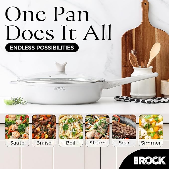 THE ROCK SOHO 4 Qt Nonstick Deep Frying Pan Skillet with Glass Lid, 11 Inch Large Deep Frying Pan, Ceramic Non Toxic Skillet with Heat-Resistant Handle, PFOA & PFAS Free, Oven & Dishwasher Safe, Cream