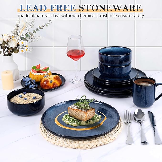 LIANYU 16 Piece Dinnerware Sets with Mugs, Stoneware Plates and Bowls Sets for 4, Dinner Dishware Dishes for Kitchen Dining, Microwave & Dishwasher Safe, Sapphire Blue