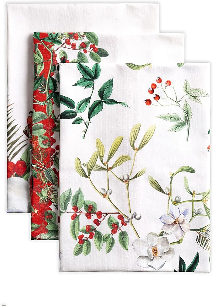 Maison d' Hermine Kitchen Towels Set of 3 100% Cotton 20" x 27.5" Reusable Cloth Tea Dish Towels Absorbent with Hanging Loop for Kitchen Dining Thanksgiving Christmas Decorations (Noel)
