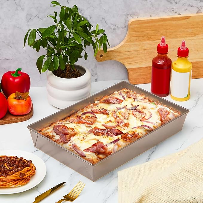 Detroit Style Pizza Pan Hard Rectangular Deep Pizza Pans Non Stick Sicilian Style Pan Dish Pre Seasoned Bakeware Kitchenware(10 x 14 x 2.36 in,Gold,3 Pcs)