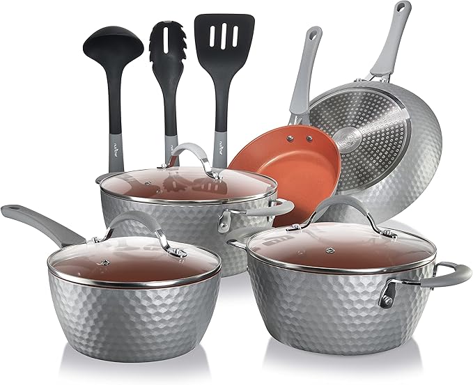 NutriChef 11 Pc Nonstick Cookware - PTFE/PFOA/PFOS Free Kitchenware Pots & Pans Set with Saucepan, Frying Pans, Cooking Pots, Lids, Utensils, Gray