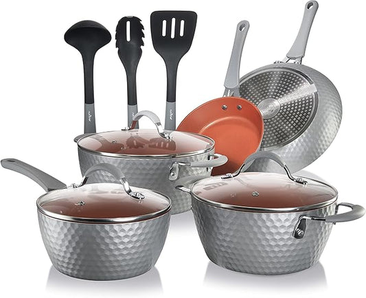 NutriChef 11 Pc Nonstick Cookware - PTFE/PFOA/PFOS Free Kitchenware Pots & Pans Set with Saucepan, Frying Pans, Cooking Pots, Lids, Utensils, Gray