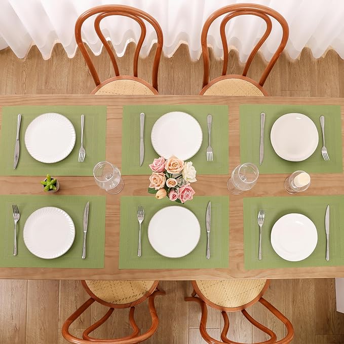 SHACOS Woven Vinyl Placemats Set of 4 Wipe Clean Place Mats Non Slip Reversible Dining Table Mats Indoor Outdoor (4, Frame Olive Green)