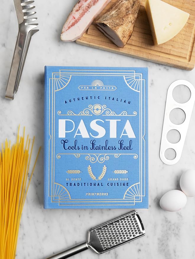 The Essentials, Pasta Tools – Pasta Kit with Spaghetti Tong, Spaghetti Measurer & Grater in Bright Blue Book-Style Case