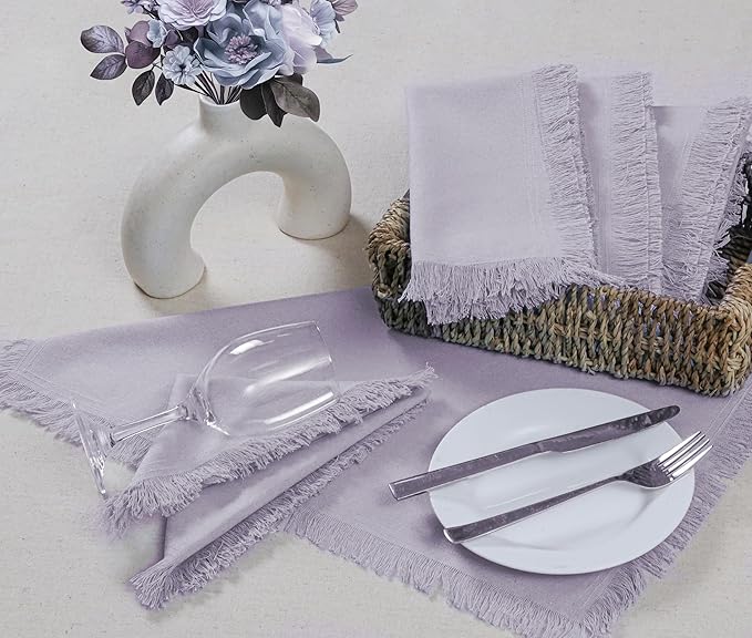 Bedding Craft Cotton Cloth Dinner Napkins Set of 12 – 18x18 Lavender Blue with Frayed Selvedge Edges – Reusable Machine Washable Fabric Napkins for Weddings, Baby Showers & Parties