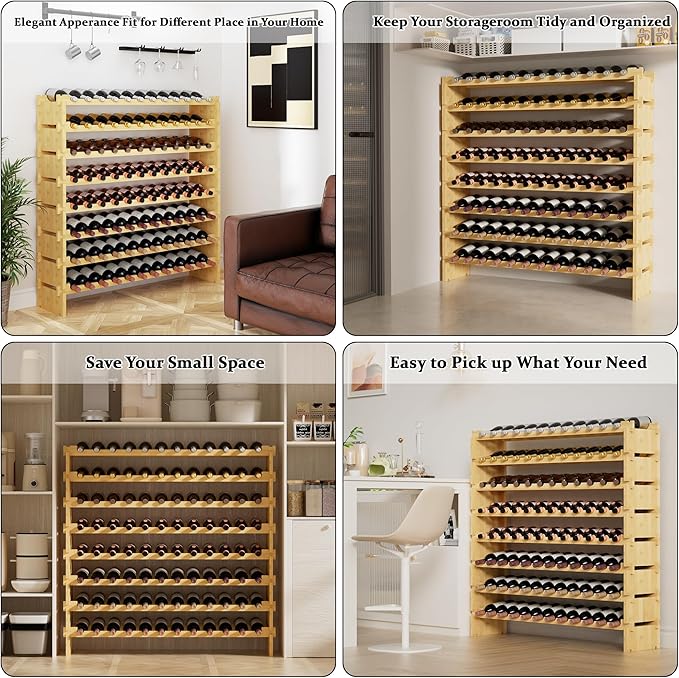 Bambloom Wine Rack Freestanding Floor, Wooden Stackable Bottle Storage Rack for Kitchen,Cellar. 96 Bottles Wine Holder Display Shelves for Champagne(Bamboo)