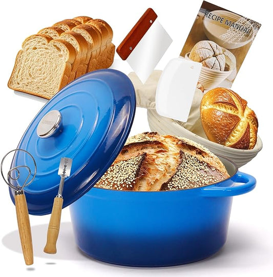 5QT Enameled Cast Iron Bread Oven with Proofing Basket for Bread Baking, Bread Making Supplies Tools,Heavy-Duty Cookware for Braising, Stews, Roasting, Bread Baking (Blue)