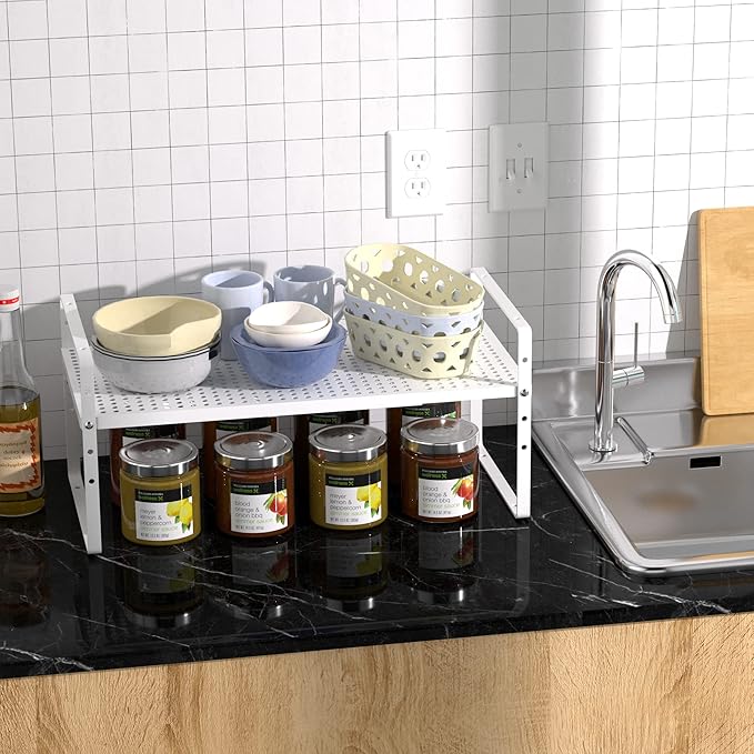 Redrubbit Expandable Cabinet Storage Shelf, Adjustable Height Steel Metal Kitchen Counter Organizers Shelves Spice Rack for Kitchen Pantry Bathroom Cupboard Desk Home Office, White-2 Pack