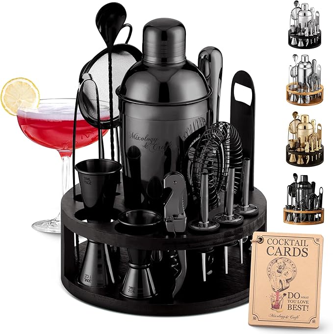 Mixology & Craft Bartender Kit – 15-Piece Cocktail Shaker Set with Bar Tools, Premium Stainless Steel Drink Mixer Accessories for Home Bar, Includes Bamboo Stand, Plus Exclusive Recipe Cards (Black)