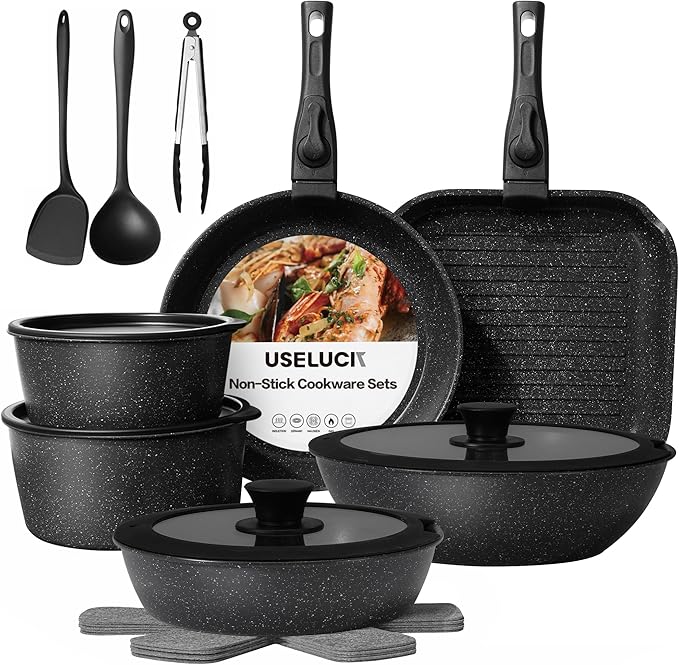 20 Pcs Pots and Pans Set Non Stick, Stackable Cookware Sets with Detachable Handle, Granite Induction RV Kitchen Portable Cooking Set Removable Handles, Dishwasher ＆ Oven Safe, Black